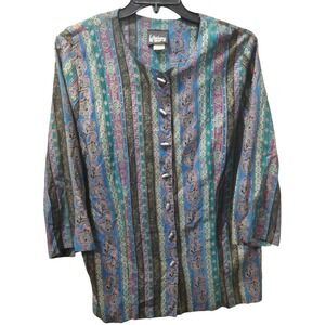 Whirlaway Frocks Vintage Paisley Stripe Button Up Blouse Teal Purple Blue 18P
